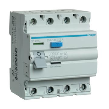 HAGER FI-relé 4P, 25A, 30mA, AC (CD426J)