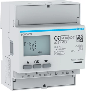 HAGER Fogyasztásmérő, 3Ph CT 1-5A 4M MBUS MID (ECM300C)