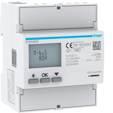 HAGER Fogyasztásmérő, direkt 3Ph 80A 4modul MBUS MID (ECM380D)
