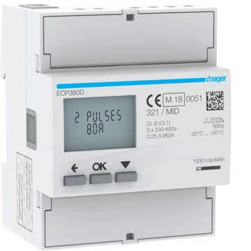 HAGER Fogyasztásmérő, direkt 3Ph 80A 4modul S0 MID (ECP380D)