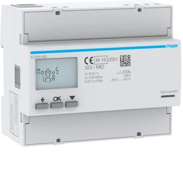 HAGER Fogyasztásmérő, direkt 3Ph 125A 6modul MODBUS MID (ECR310D)