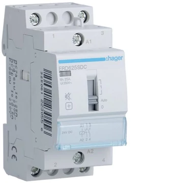 HAGER Csendes mágneskapcsoló, 2Z, 25A, 24V DC, I-0-II, moduláris, növelt kapcs.telj. (ERD625SDC)