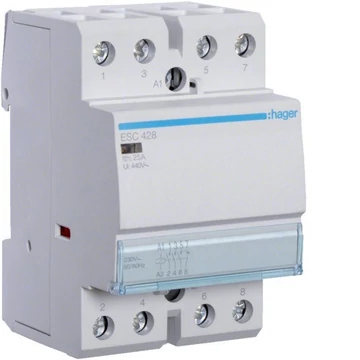 HAGER Mágneskapcsoló, 3Z+1NY, 25A, 230V AC, moduláris (ESC428)