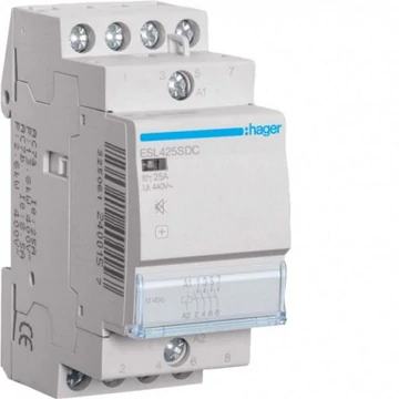 HAGER Csendes mágneskapcsoló, 4Z, 25A, 12V DC, moduláris (ESL425SDC)