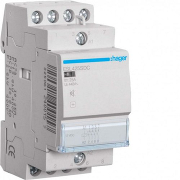 HAGER Csendes mágneskapcsoló, 4Z, 25A, 12V DC, moduláris (ESL425SDC)