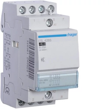 HAGER Csendes mágneskapcsoló, 4NY, 25A, 12V AC/DC, moduláris (ESL426S)
