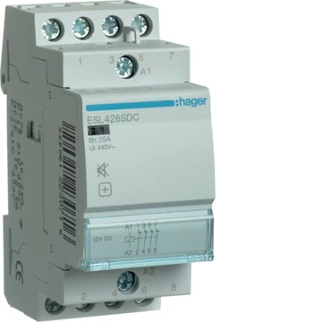 HAGER Csendes mágneskapcsoló, 4NY, 25A, 12V DC, moduláris (ESL426SDC)