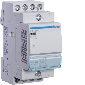 HAGER Csendes mágneskapcsoló, 2Z+2NY, 25A, 12V AC/DC, moduláris (ESL427S)
