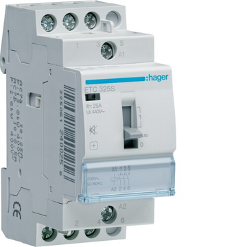 HAGER Csendes mágneskapcsoló, 3Z, 25A, 230V AC, I-0-II, moduláris, kézzel is kapcs. (ETC325S)