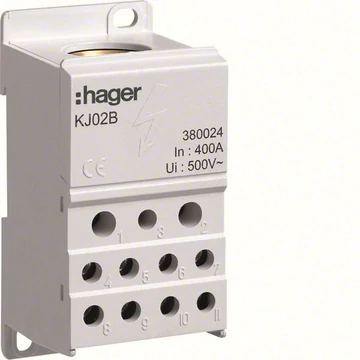 HAGER Szigetelt elosztó blokk, 1P, 400A, 1x150mm2 + 2x25 + 5x16 + 4x10mm2 (KJ02B)
