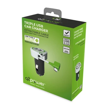 Q2 power Autós USB töltő "Triple USB Car Charger USB Type C Connector" (3.100130)