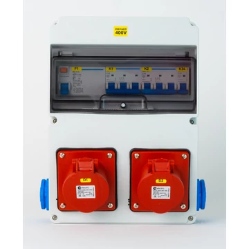 TP ELECTRIC Szerelt ipari doboz installációval,220x300mm, 2x(5P16A)+ 2x(2P+F) oldalsó, IP44, kismegsz,fí-relé (3320-002-5500KF)