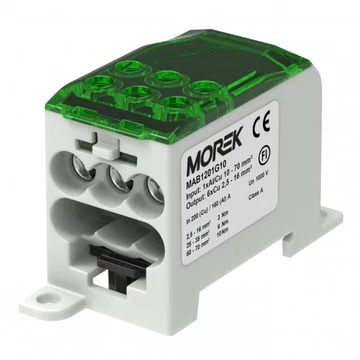 MOREK OJL 200A Elosztóblokk; be:1xAl/Cu10-70; ki: 6xCu2,5-16mm2, zöld (MAB1201G10)