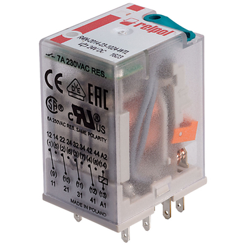 RELPOL Miniatűr ipari relé 7A, 4CO, 24VDC, tesztkar, LED (R4N-2014-23-1024-WTL)