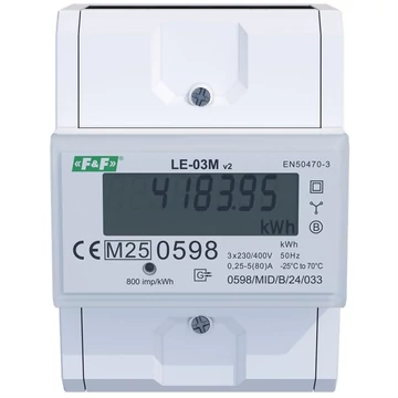 FF FILIPOWSKI LE-03M MID Fogyasztásmérő DIN sínre, 3 fázisú MID hitelesített 100A LCD 7 modul RTU MODBUS (LE-03M)