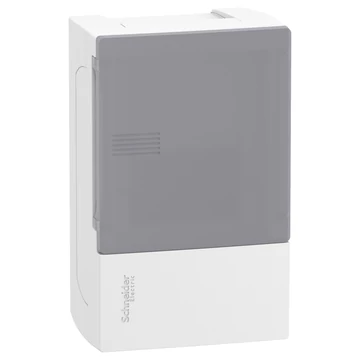 SCHNEIDER ELECTRIC RESI9 MP Kiselosztó, tejüveg hatású átlátszó ajtó, falon kívüli, 1x4 modul, PEN sín, fehér (MIP12104T)