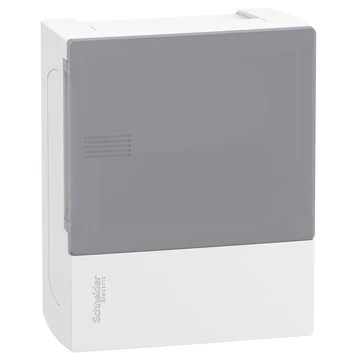 SCHNEIDER ELECTRIC RESI9 MP Kiselosztó, tejüveg hatású átlátszó ajtó, falon kívüli, 1x6 modul, PEN sín, fehér (MIP12106T)