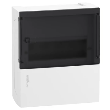SCHNEIDER ELECTRIC RESI9 MP Kiselosztó, füstszínű átlátszó ajtó, falon kívüli, 1x8 modul, PEN sín, komplett, fehér (MIP12108S)
