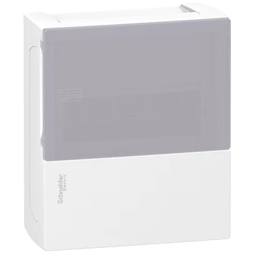 SCHNEIDER ELECTRIC RESI9 MP Kiselosztó, tejüveg hatású átlátszó ajtó, falon kívüli, 1x8 modul, PEN sín, fehér (MIP12108T)