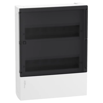 SCHNEIDER ELECTRIC RESI9 MP Kiselosztó, füstszínű átlátszó ajtó, falon kívüli, 2x12 modul, PEN sín, fehér (MIP12212S)