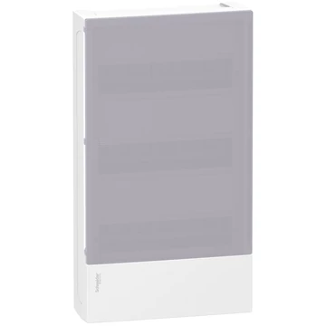 SCHNEIDER ELECTRIC RESI9 MP Kiselosztó, tejüveg hatású átlátszó ajtó, falon kívüli, 3x12 modul, PEN sín, fehér (MIP12312T)