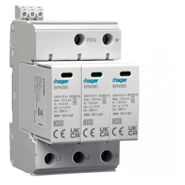 HAGER B+C Túlfeszültség-levezető 3P. Dugaszolható, állapotjelző, távjelzős, 1,5kV, 37,5kA, TNC (4,5modul) (SPA930)
