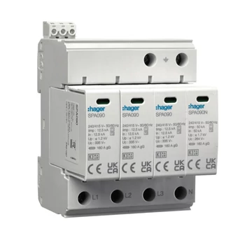 HAGER B+C Túlfeszültség-levezető 4P. Dugaszolható, állapotjelző, távjelzős, 1,5kV, 50kA, TNS/TT (6modul) (SPA931)