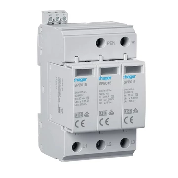 HAGER Túlfeszültség-levezető, II típus (C) 3P, cser.betétes, 40kA, 1,25kV, TNC, távjelzős, állapotjelző (SPB315)