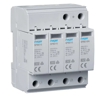 HAGER Túlfeszültség-levezető, II típus (C osztály) 4P, cser.betétes, 40kA, 1,25kV, TT/TNS (SPB413)