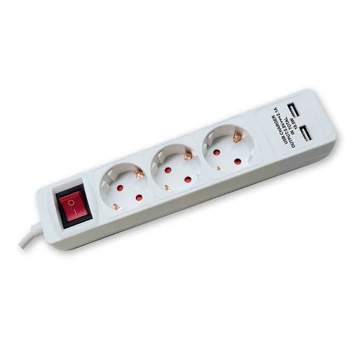 COMMEL Elosztó 3-dugaljas kapcs.+ 2xUSB, 16A 250V 3500W, fehér H05VV-F 3G1,5/3m (234-402)