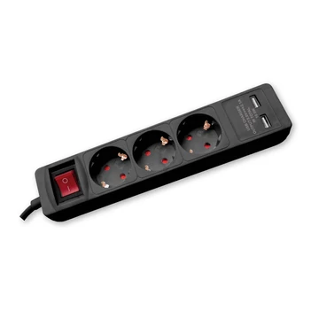COMMEL Elosztó 3-dugaljas kapcs.+ 2xUSB, 16A 250V 3500W, fekete H05VV-F 3G1,5/3m(234-412)