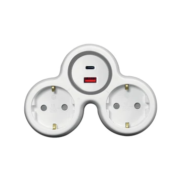 COMMEL Elosztó dugalj, 2x2P+F + 1xUSB-A + USB-C töltő, 16A 250V, fehér-szürke (240-802)