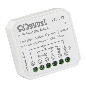 COMMEL WiFi-s okos kapcsoló (kapcs.mögé), 2 csat., 2x150 / 2x500W, 2,4GHz, (265-522)
