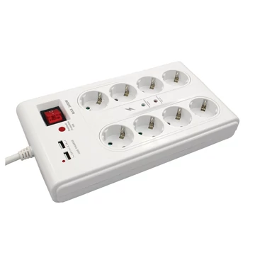 COMMEL Elosztó 8-dugaljas multi 16A,3500W túlfesz. + 2db USB H05VV-F 3G1,5/3m (380-107)