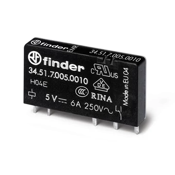 FINDER Ultravékony printrelé, NYÁK/dugasz, 1váltóérintkező, 6A, 5VDC, monostabil, IP20 (345170050010) (34.51.7.005.0010)