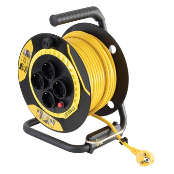STANLEY beltéri kábeldob, 25 m, beépített kábelvezető, masszív fém láb és fogantyú, H05VV-F 3G1,5 mm2 kábel, max. 3000 W (SXECCL26BVE)