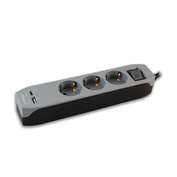 COMMEL Elosztó 3-dugaljas, kapcsolóval + USB A + C aljzat, 5V DC 2,4A, 16A 250 V ~ 3500 W, 3x1,5/ 3,0m, fekete-szürke (234-416)