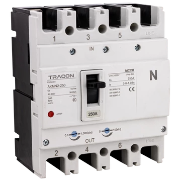 TRACON Kompakt megszakító, 4P, 250A, Ir=(0,8-1,0)In, 400/415V, 50/60Hz, Icu=36kA, Ics=25kA (AKMN2-250)