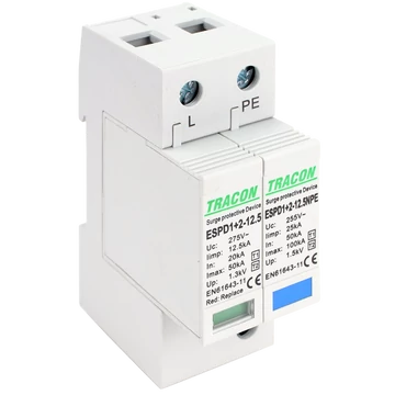 TRACON T1+T2 AC típusú túlfeszültséglevezető, cserélhető betéttel, Uc:275V; Iimp:12,5kA; In:20/40kA; Imax:50kA; Up:1,3kV; 1+1P (ESPD1+2-12.5-1+1P)