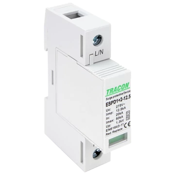 TRACON T1+T2 AC típusú túlfeszültséglevezető, cserélhető betéttel, Uc:275V; Iimp:12,5kA; In:20kA; Imax:50kA; Up:1,3kV; 1P (ESPD1+2-12.5-1P)