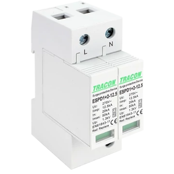 TRACON T1+T2 AC típusú túlfeszültséglevezető, cserélhető betéttel, Uc:275V; Iimp:12,5kA; In:20kA; Imax:50kA; Up:1,3kV; 2P (ESPD1+2-12.5-2P)