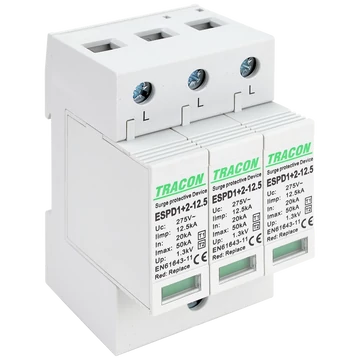 TRACON T1+T2 AC típusú túlfeszültséglevezető, cserélhető betéttel, Uc:275V; Iimp:12,5kA; In:20kA; Imax:50kA; Up:1,3kV; 3P (ESPD1+2-12.5-3P)