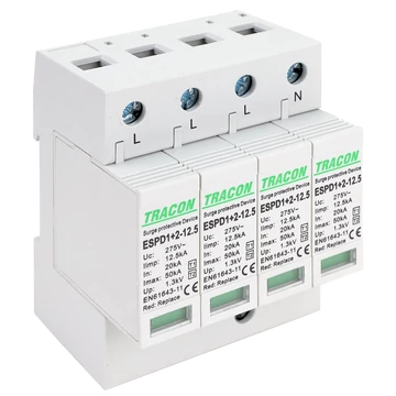 TRACON T1+T2 AC típusú túlfeszültséglevezető, cserélhető betéttel, Uc:275V; Iimp:12,5kA; In:20kA; Imax:50kA; Up:1,3kV; 4P (ESPD1+2-12.5-4P)