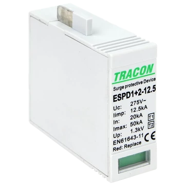 TRACON T1+T2 AC típusú túlfeszültséglevezető betét 12.5 M, Uc:275V, Iimp:12,5kA, In:20kA, Imax:50kA, Up:1,3kV (ESPD1+2-12.5MO)