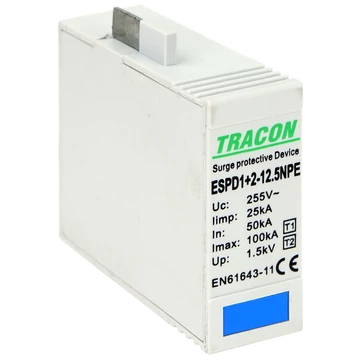 TRACON T1+T2 AC típusú túlfeszültséglevezető betét 12.5 NPE, Uc:275V; Iimp:12,5kA; In:20/40kA; Imax:50kA; Up:1,3kV (ESPD1+2-12.5NPE)