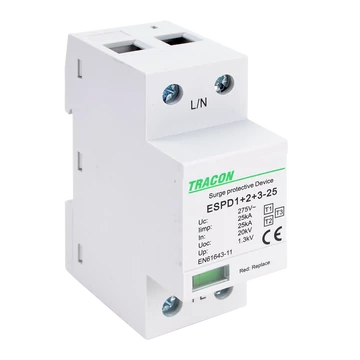 TRACON T1+T2+T3 AC típusú túlfeszültség levezető, egybeépített, Uc:275V; Iimp:25kA; In:25kA; Uoc:20kV; Up:1,3kV; 1P (ESPD1+2+3-25-1P)