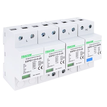 TRACON T1+T2+T3 AC típusú túlfeszültség levezető, egybeépített, Uc:275V; Iimp:25/100kA; In:25/100kA; Uoc:20kV; Up:1,3kV; 1+3 (ESPD1+2+3-25-3+1P)