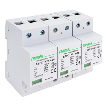 TRACON T1+T2+T3 AC típusú túlfeszültség levezető, egybeépített, Uc:275V; Iimp:25kA; In:25kA; Uoc:20kV; Up:1,3kV; 3P (ESPD1+2+3-25-3P)