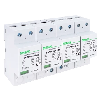 TRACON T1+T2+T3 AC típusú túlfeszültség levezető, egybeépített, Uc:275V; Iimp:25kA; In:25kA; Uoc:20kV; Up:1,3kV; 4P (ESPD1+2+3-25-4P)