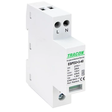 TRACON T2+T3 AC típusú túlfeszültséglevezető, egybeépített, Uc:275V; In:20kA; Imax40kA; Uoc:10kV; Up:1,3kV; 2P (ESPD2+3-40-2P)